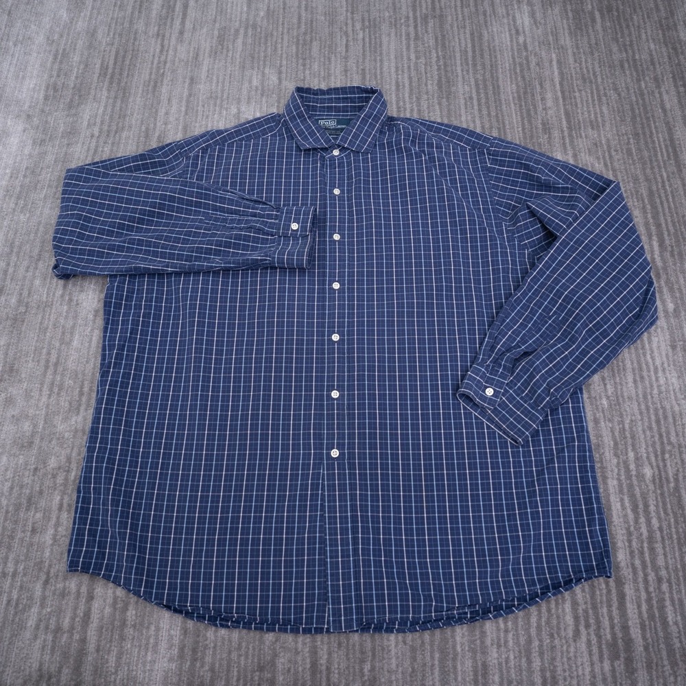 Polo Ralph Lauren Westerton Shirt Mens XXL‎ Navy Blue Grid Check Two-Ply Cotton